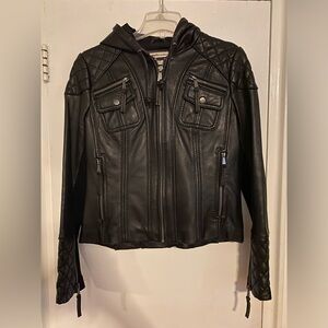 Wyatt black leather hooded zip pocket jacket size  M,  Black